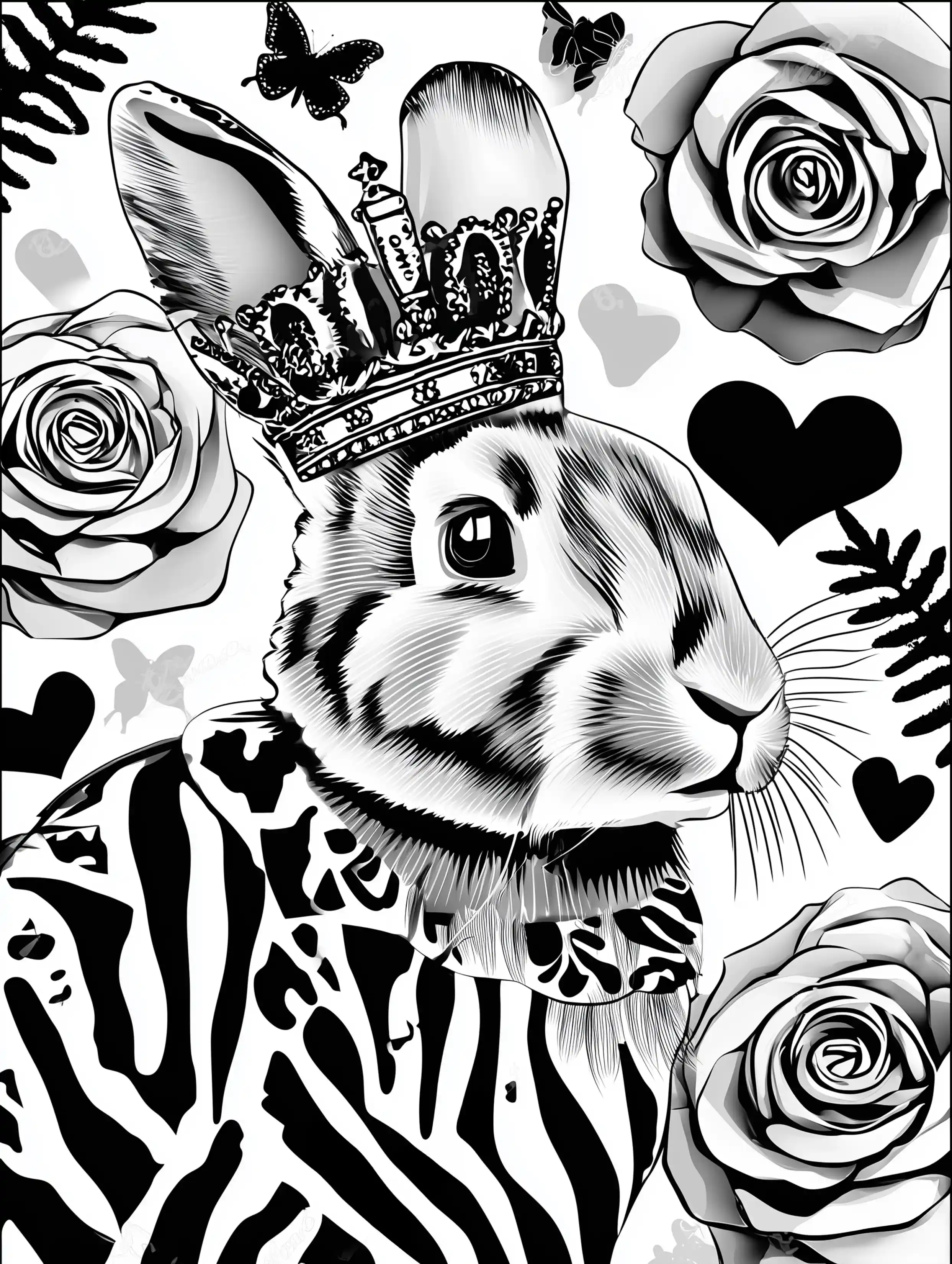 Free printable rabbit coloring page for adults featuring a royal rabbit with flowers